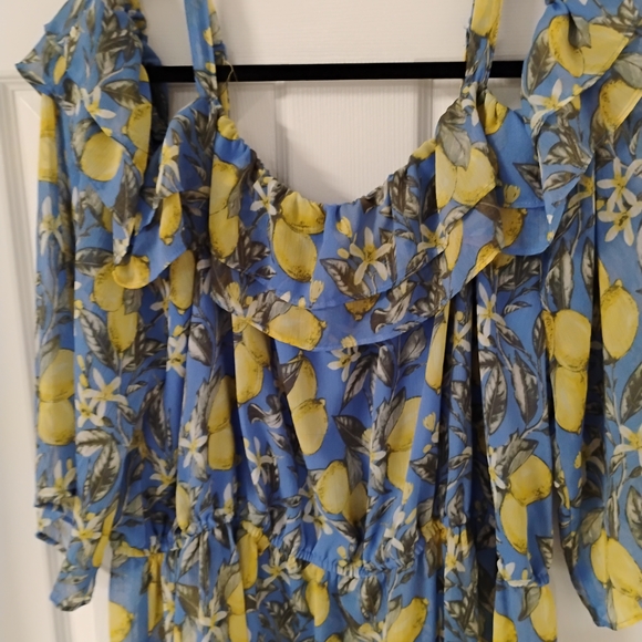 Floral Blue and Yellow Off-Shoulder Top - Picture 3 of 4